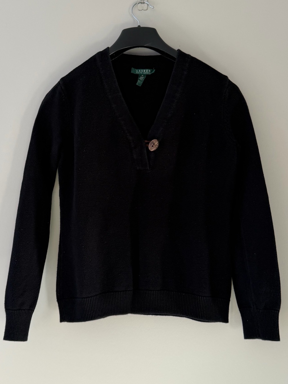 Lauren Ralph Lauren Black V-Neck Sweater with Button Accent size medium